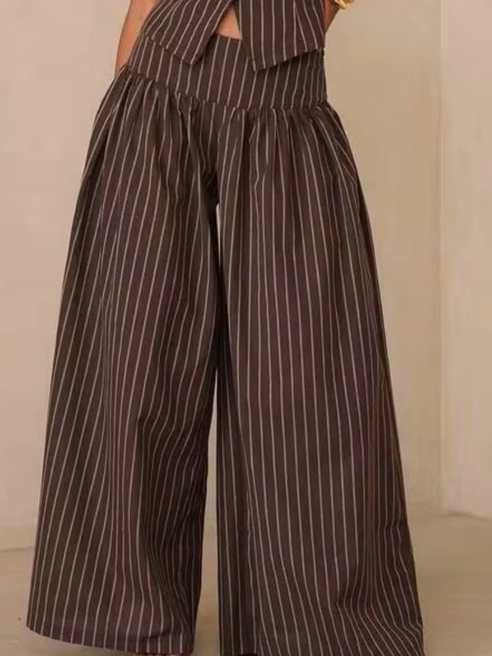 NWOT Striped Brown Wide Leg Pant with Gathered Waist